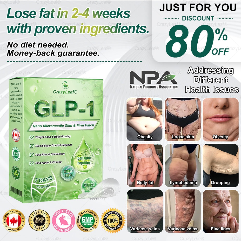 Clinically Proven|Official Store | CrazyLeaf® SMGT-GLP-1 Nano Microneedle Patch with Collagen & Matrixyl 3000 丨Targets Obesity, Loose Skin, High Blood Pressure, Diabetes, Fatty Liver, Joint Pain, Brain Fog, Low Energy, Body Aches, and More